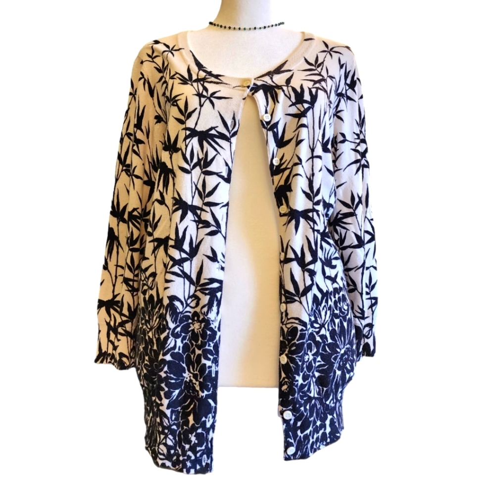Talbots Pima Cotton Black and White Patterened Button Up Cardigan